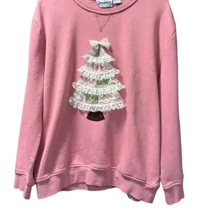 Handmade Patchwork Christmas Tree Sweatshirt – Pink Lace Holiday Crewneck (XS–3XL)