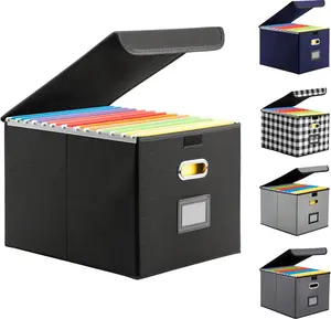 Collapsible File Box with Lid & Plastic Slide - Hanging Document Organizer for Office/, 14.96x12.6x10.83 Inch,Decorative  File Bin,Black, 1 Pack (No Folders Included)