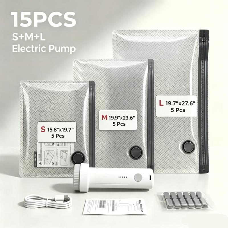 2026 Upgraded Universal Vacuum Storage Bags Set with Rechargeable Electric Pump - Bedding Silicone Organiser, Household Vacuum Bag - 6/9/15 Pack, Triple Seal System, Dust-Insect-Odor Proof, Extra-Large Capacity, Home Travel Essential