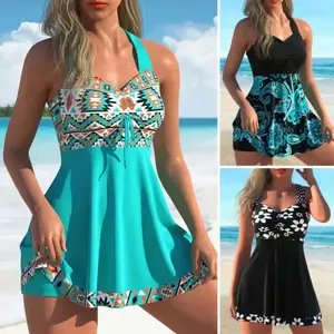 Summer Women's Printed Sleeveless Swim Dress with Built-In Shorts - V-Neck Polyester Bathing Suit Outfits, Plants Print Swimsuit, Women's Clothes, Tankini Swimsuits Set, Sizes S-4XL, Beach & Pool Wear,summervibes