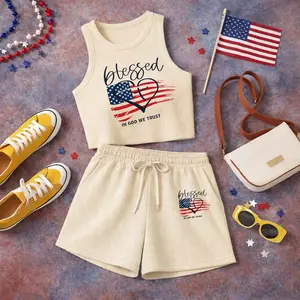 Women's USA Flag Sexy Comfortable Daily Lifeletter-Print Casual Cute Slim-Fit Tank Top And Drawstring Shorts Two-Piece Set, Perfect For Summer Wear, A Must-Have For Back-To-School Season.