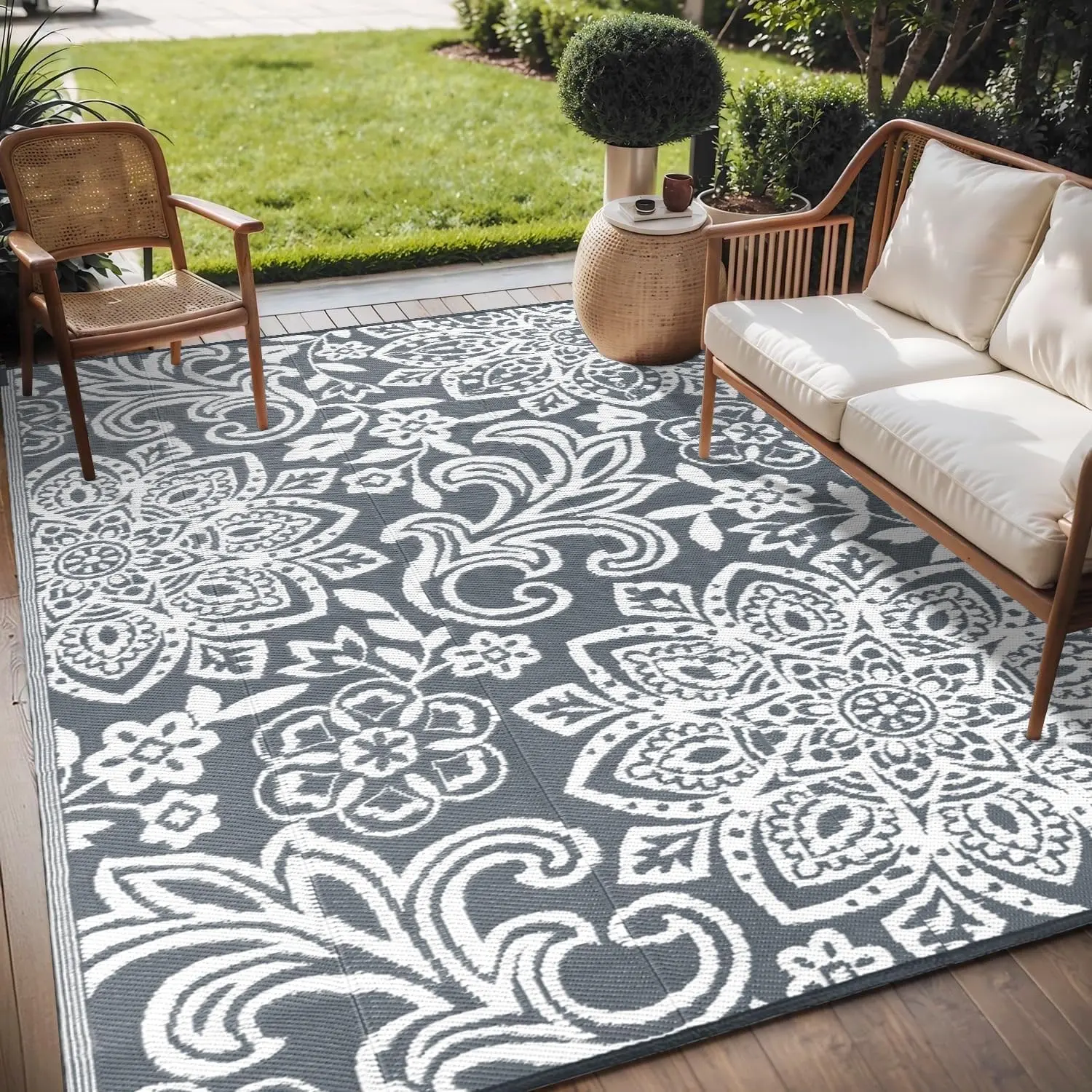 Outdoor Rug 6' x 9' - Reversible Mandala Outdoor Plastic Straw Rug, Durable Foldable Patio Rug for RV, Deck, Balcony, Backyard, Picnic, Porch, Camping, Beach, Gray