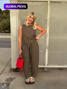 Women's Two-Piece Gingham Print Tank Top and Wide Leg Pants Set, Casual Cozy Fashion Outfit for Daily Outdoor Wear, Women's Clothes for Spring and Fall