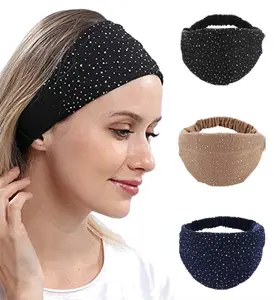 3Pcs Set Rhinestone Dots Wide Women Headbands, Elegant Twisted Solid Diamond Workout Headbands, Soft Elastic Hairbands for Women's Yoga Bridal Festivals Workout Makeup Everyday Wear Black Khaki Dark Blue