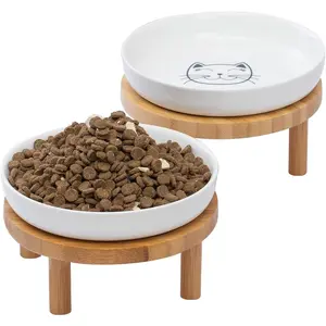 Lusifaco Shallow Elevated Cat Bowls,5.9 Inch Wide Raised Ceramic Cat Dishes with Bamboo Stand, Whisker Friendly Pet Water or Food Plates Feeding Station for Indoor Cats, Kitten(White,Set of 2)