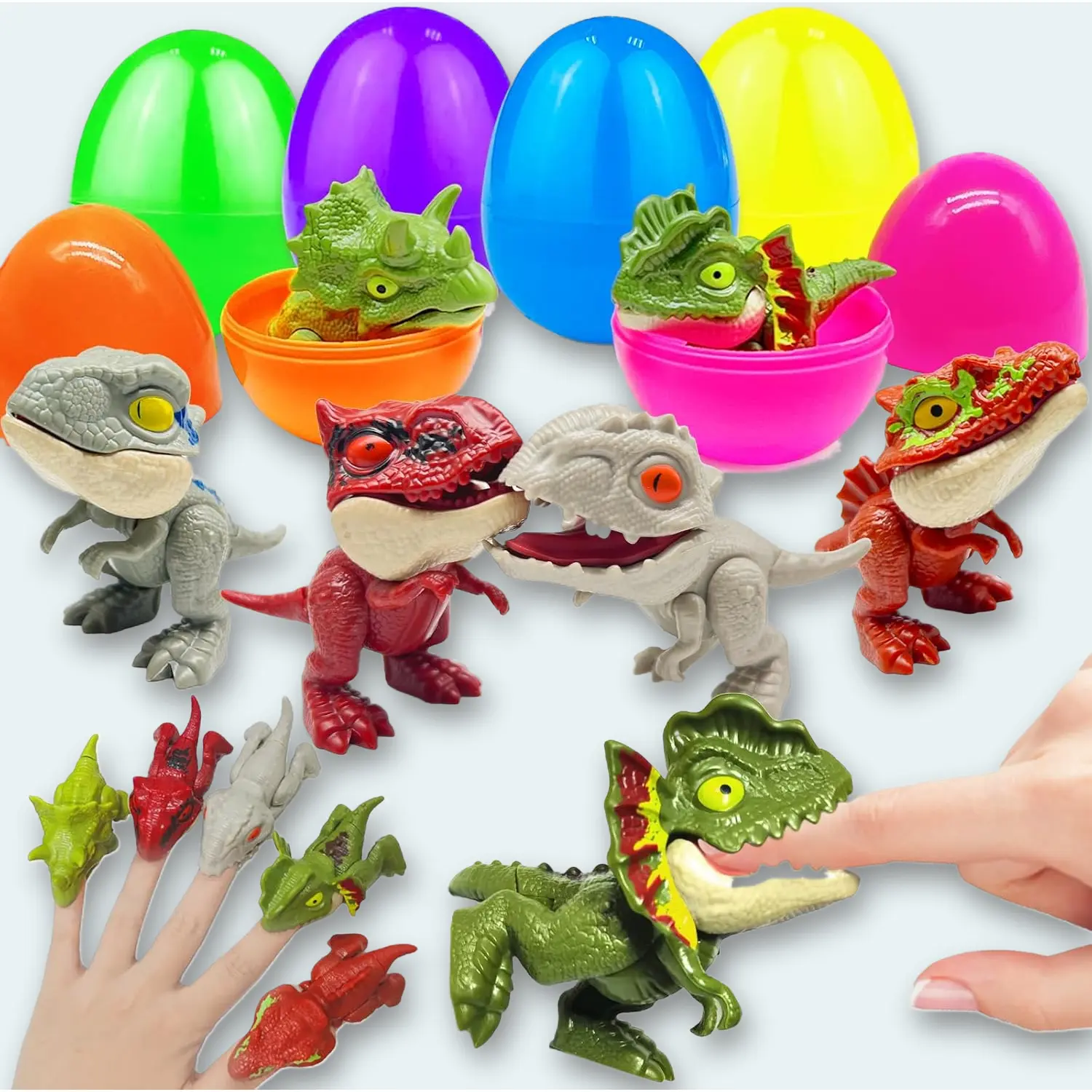 6 Pack Jumbo 3.5" Easter Eggs with Dinosaur Biting Finger Puppets Inside, Fun Basket Stuffers for Kids Toddlers