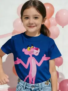 girls' short sleeve T-shirt Pink Panther Cartoon Character Print athleisure 3D full-frame printing Funny Graphic Tee Spring/Summer Suitable for going out, casual children's wear, essential for outdoor sports, one piece, daily wear football jersey