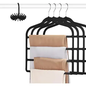 Pants Hanger Space Saving, 4 count Black Non-Silp  Hangers with Hook, Multi Tier Ultra Thin Trousers Hangers, Closet Clothes Hanger Organizer Storage for Trousers, Scarves, Jeans