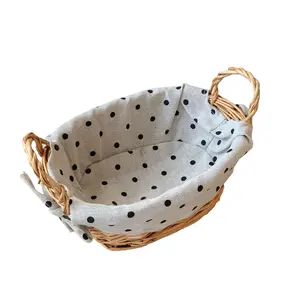 Storage basket with polka dot lining, decorative lined basket with handles for snacks, bread and home storage,