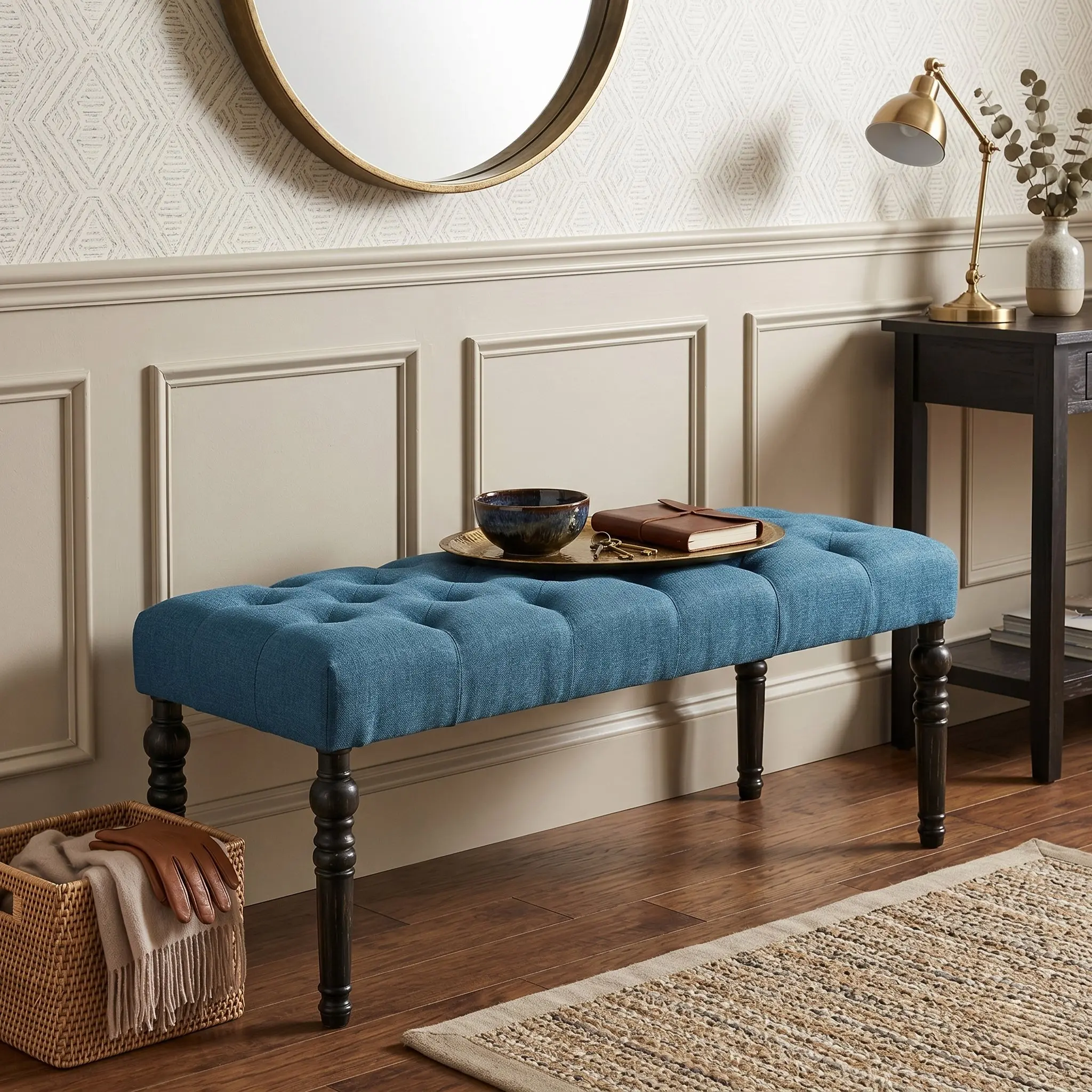 Leviton Fabric Tufted Turned Leg Dining Bench, Blue
