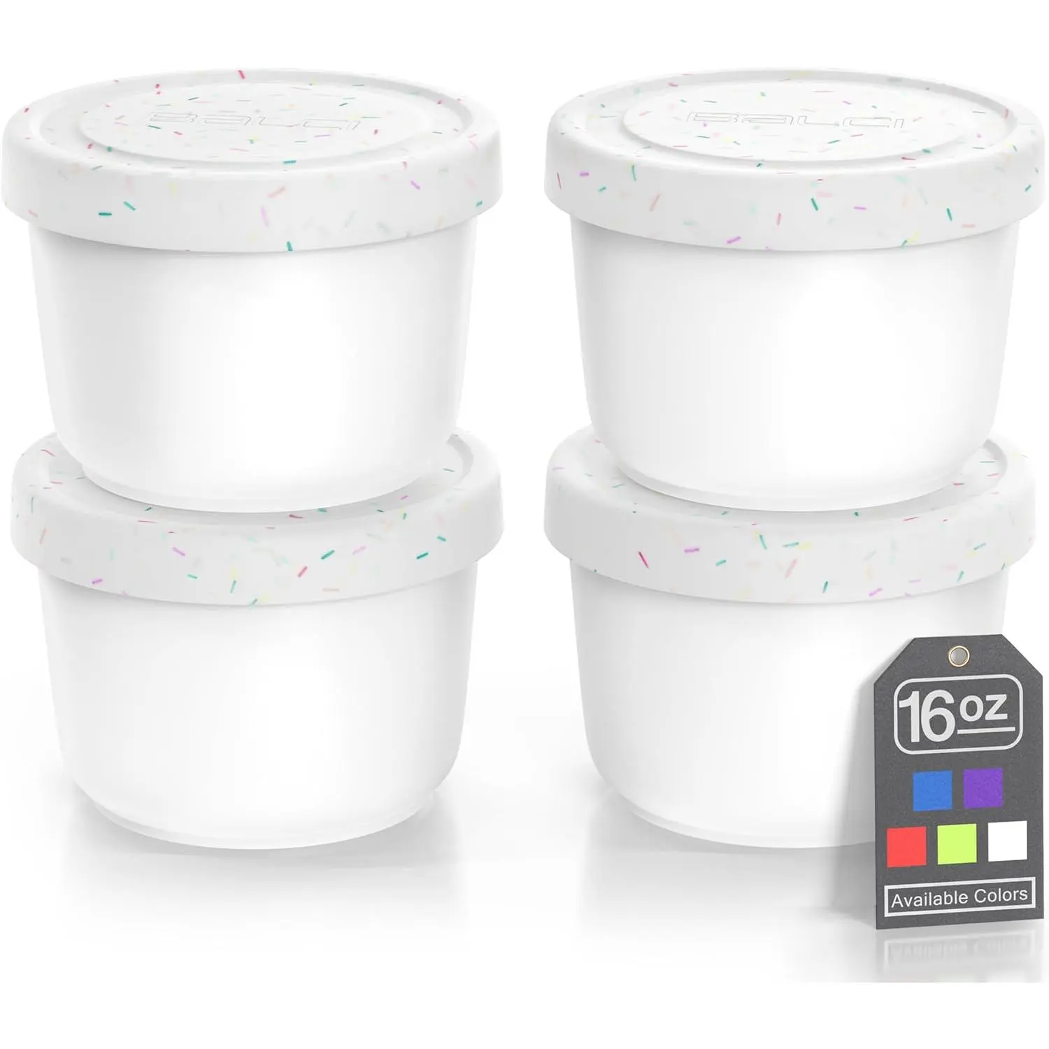 - 16oz Ice Cream Containers with  Lids (Set of 4) - 1 Pint Each Freezer  Storage Containers, , LeakProof, For Homemade IceCream Containers - White with Sprinkles