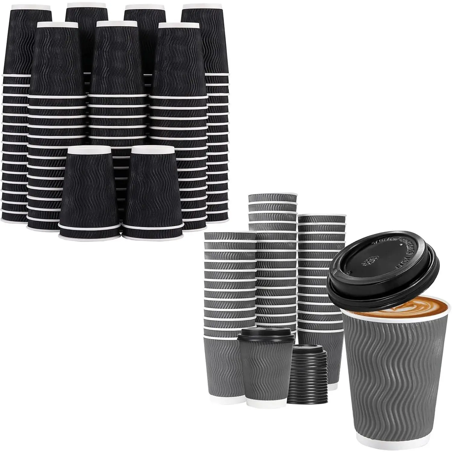 12 oz Disposable Coffee Cups - 170 Pack, Insulated Corrugated Paper Cups 12 oz,  Ripple Wall Cups for Hot Beverage or Cold Drinks Office//Party/Travel/Cafe (Black)