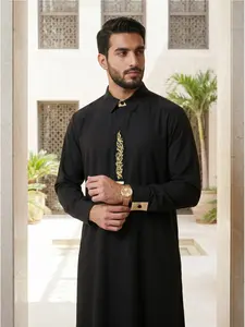 Islamic Traditional Arabic Thobe, Muslim Thobe, Collared Style Thobe, Men's Stand Collar Long Robe, Ethnic Embroidery, Loose-Fit, All Seasons, Perfect Gift for Festivals