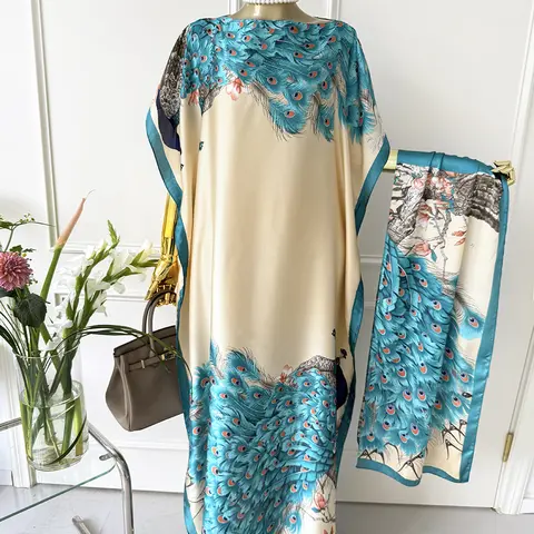 Women's Auspicious Peacock Animals Print Silk-Like Satin Moo Moo & Scarf Set - Light & Breathable Loose Fit, Elegant Swimwear Coverups for Anniversary Holiday Vacation