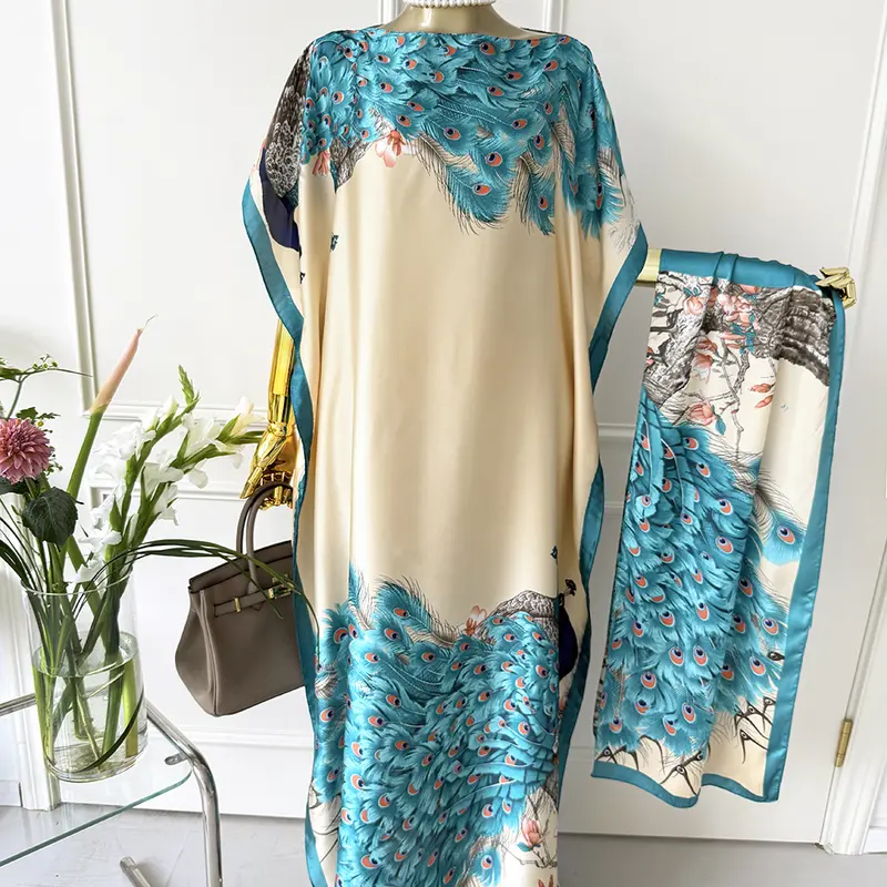 Women's Auspicious Peacock Animals Print Silk-Like Satin Moo Moo & Scarf Set - Light & Breathable Loose Fit, Elegant Swimwear Coverups for Anniversary Holiday Vacation