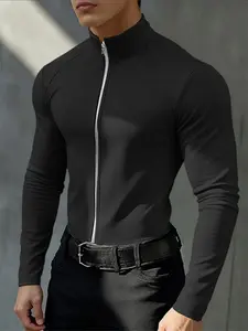 INCERUN Men's Fashion Zipper Design Solid Slim-Fit Stand Collar Long Sleeve T-Shirt, Ideal for Summer Gym Workout Wear, Casual All-Season Top, Casual Workout Tops