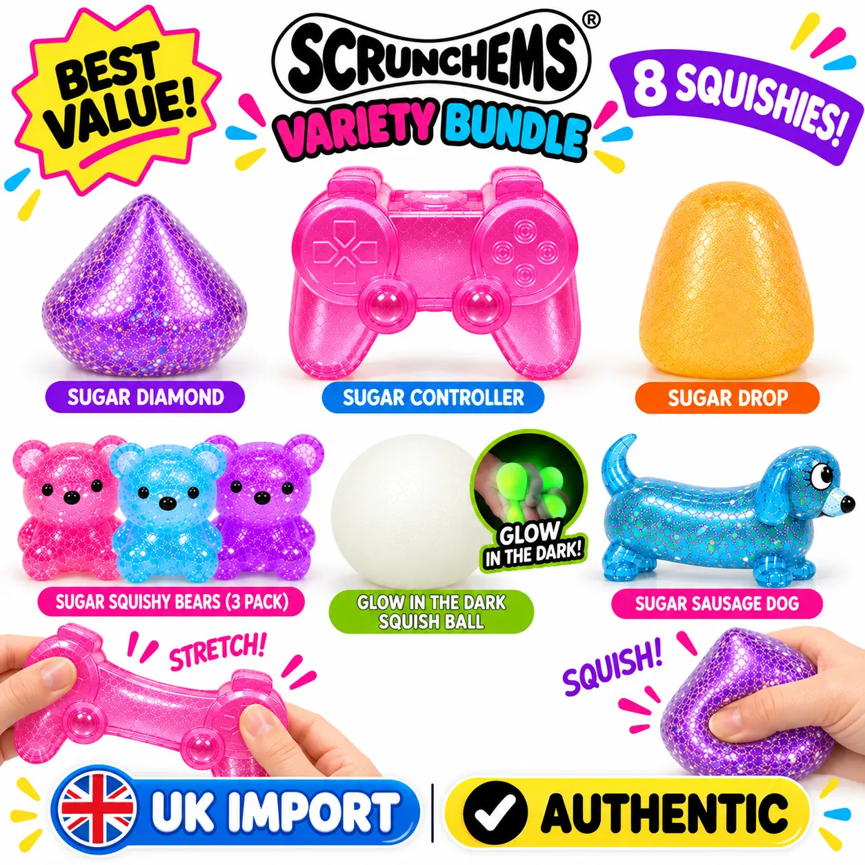 Authentic Scrunchems by One For Fun UK Squishy Fidget Toys – Choose Your Bundle: Sugar Diamond, Drop & Gaming Controller; Glow-in-the-Dark Ball, Sugar Sausage Dog & 3 Mini Diddy Bears; or All 6 – Sensory Stress Relief Toys, Ages 3+
