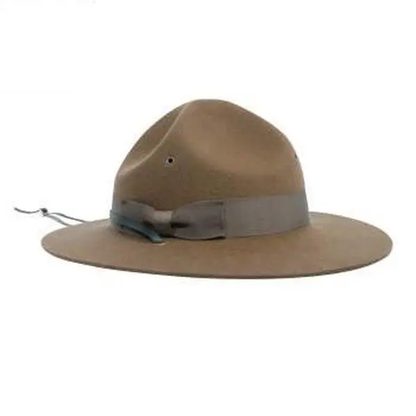 Round Brown Wool Felt Campaign Hat, Trooper & Drill Sergeant Style with Montana Crease and Black Vinyl Chin Strap, Drill Sgt.