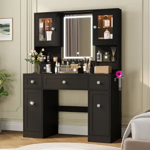 【Black Friday】VOWNER Makeup Vanity with mirror, 7 Drawers & Power Outlet, 2 Glass Door Cabinets with RGB Light&10 Adjustable Lighting, Ample Storage Space, for bedroom, White Minimal Modern Interior Organizing Furniture