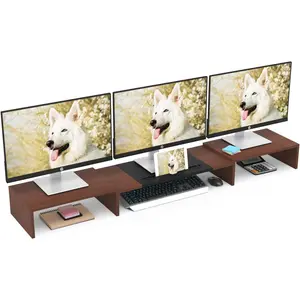 Triple Monitor Stand Riser -  Long, Adjustable Length & Angle, 3 Shelf Desktop Storage for 1-3 Monitors