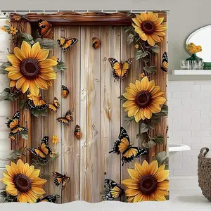 Creative Sunflower & Butterfly Bathroom Decor Set, Shower Curtain Sets, Bathroom Decoration Accessories, Includes Shower Curtain, Mat, Toilet Seat Cover, Waterproof, 12 Hooks, Christmas Gift
