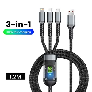 3-in-1 USB 100W 6A Fast Charger Cable Car USB To Type-C Micro LIGHTNING Cable For iPhone 16 15 14 13 Samsung Xiaomi Huawei