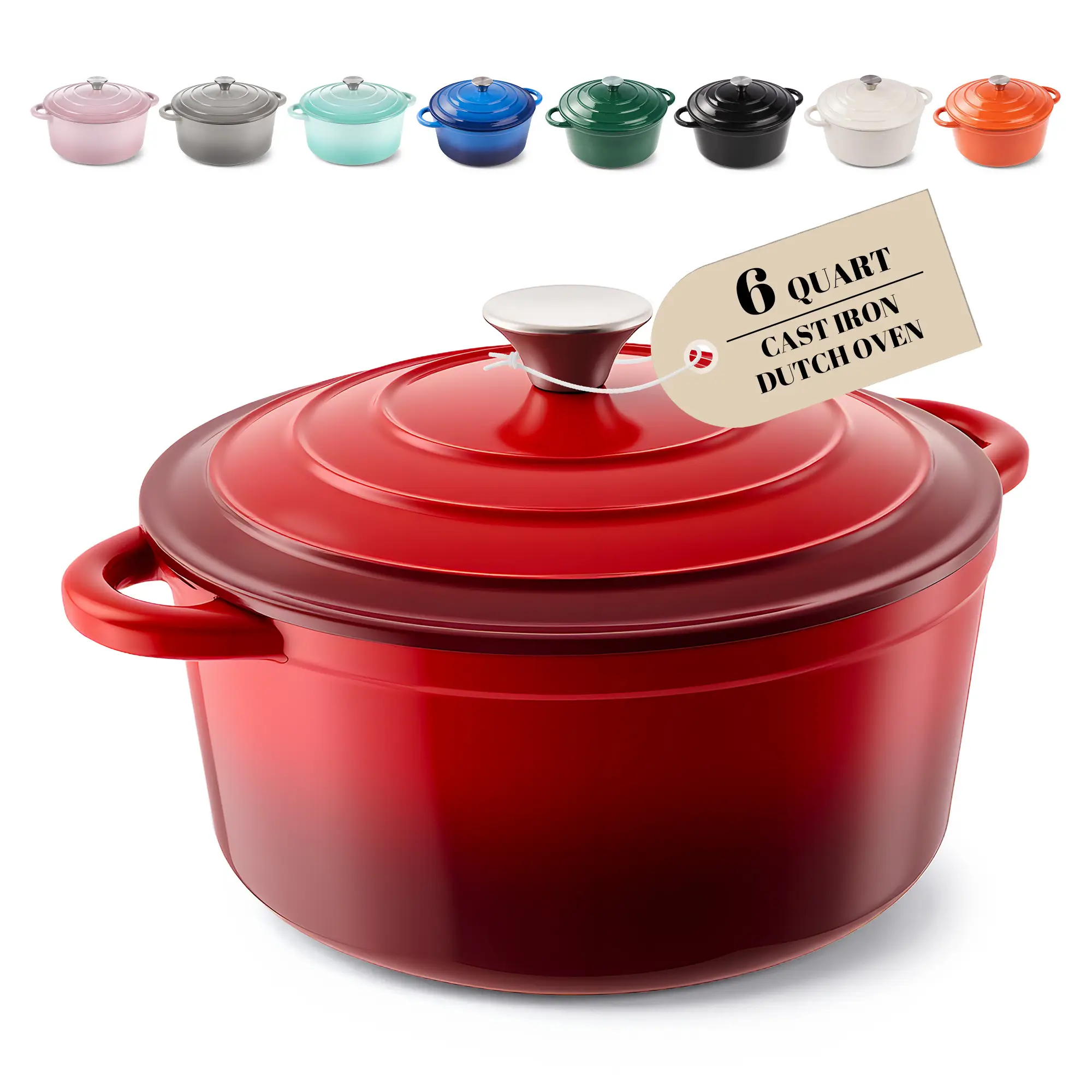 6QT Large Round Cast Iron Enameled Oval Dutch Oven Pot - Heavy-Duty, Non-Stick, Dual Handle, Bread Baking, Cooking, and Serving - Durable, Easy to Cle