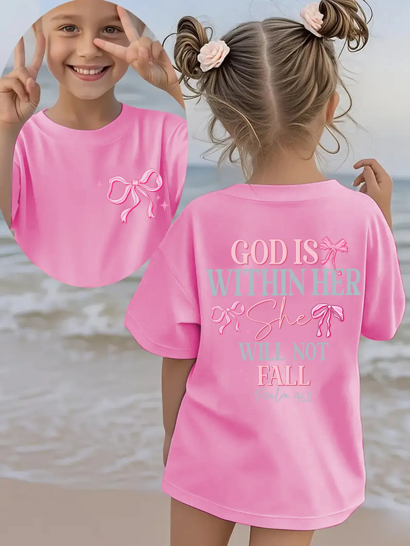 God Is Within Her She Will Not Fall Psalm 46:5 Kids T-Shirt Double Sided Watercolor Pink Coquette Bow Multi-Tone Serif Script Scripture Short Sleeve Cotton Light Pink Toddler Girls Girly Christian Faith Casual Tee