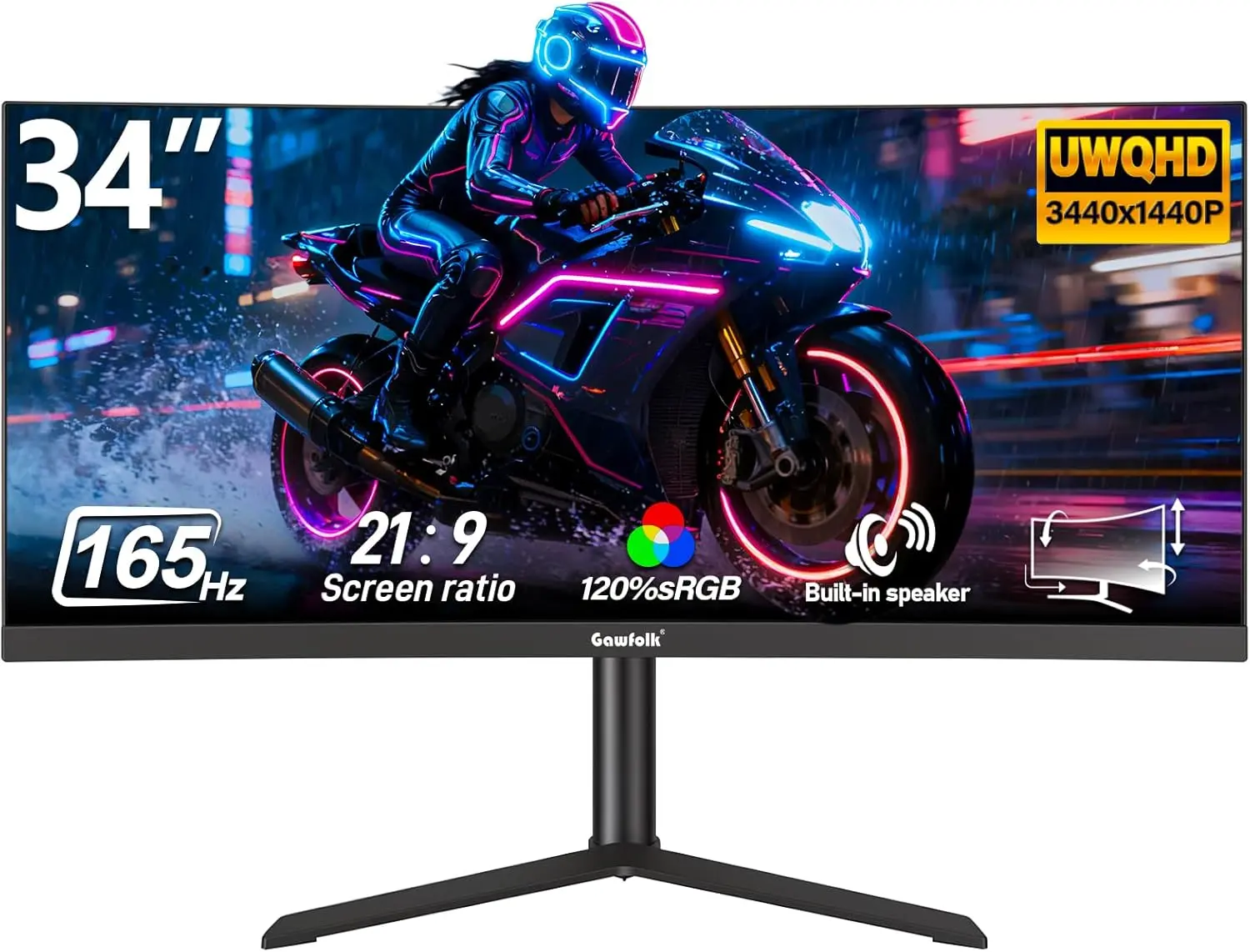 Gawfolk 34" VA Ultrawide Gaming Monitor – WQHD 3440x1440, 165Hz, 1ms, 3800R, G-Sync/FreeSync,  PIP/PBP, HDMI/DP