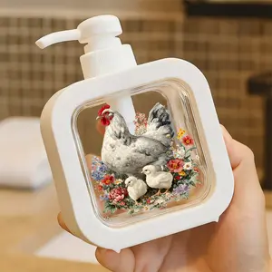 Creative Bathroom Dispenser with Hand Pump - Whimsical Hen & Chicks Floral Art, White Gray Speckled Hen Red Comb, Fluffy Chicks Yellow Feet, Vibrant Flowers Green Leaves, Decorative for Soap Lotion