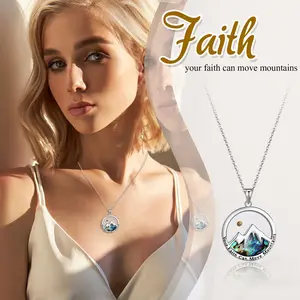 Women's Mustard Seed Mountain Christian Necklace Colorful Abalone Shell Pendant Mountain Engraved Faith Inspirational Jewelry Stainless Steel Round Pendant Christian Gift for Girls