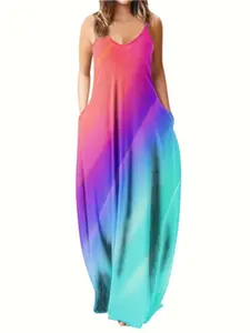 Rainbow Gradient Sleeveless Long Dress, Womenswear Casual Wear, Summer Beach Vacation Style Halter Dress, Eye-Catching Choice for Women