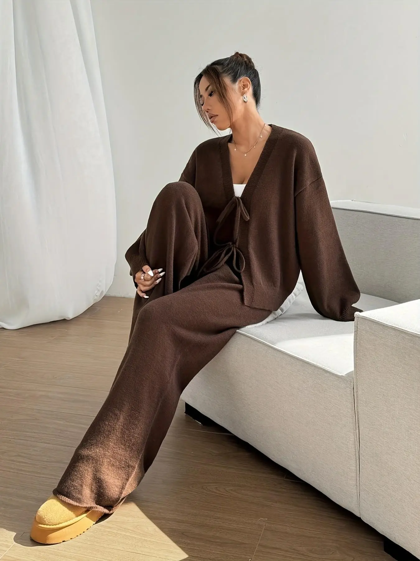 Women's Y2K Fashion Womenswear Essential Knit Sweater Set, Loose Fit Bow Tie Cardigan & Wide Leg Pants, Casual Long Sleeve for Spring Fall Winter Clothes Lady