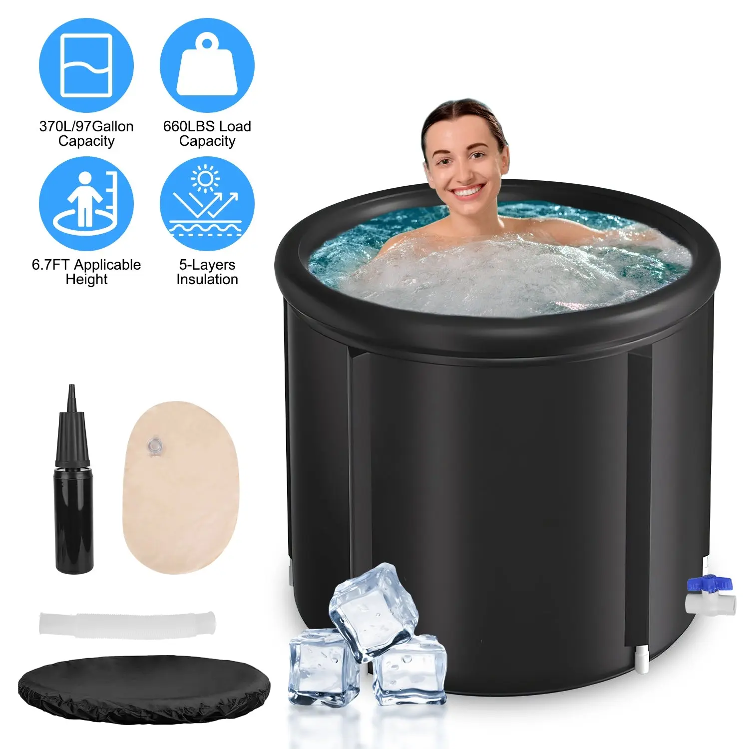 97-Gal Large Ice Bath Tub with Cover - Full-Body Cold Plunge for Athletes, Gym & Home Wellness Use, Water Hose-Compatible for Camping