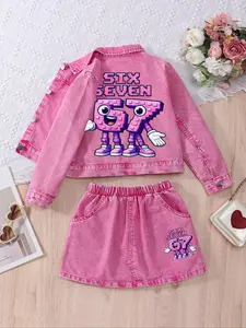 Girls' 2-Piece Denim Set, Comfortable Lightweight Fabric, Cartoon Print, Elastic Waist, Casual Spring & Fall, Ages 8 and Under