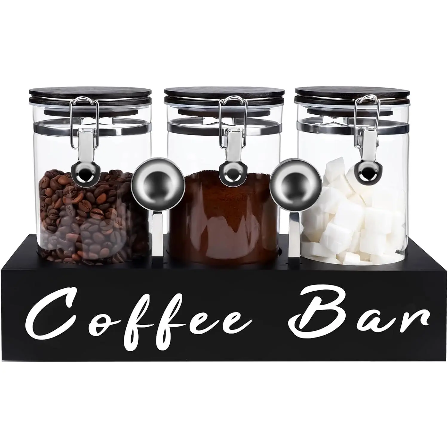 Sturdy Minimalist 3-Pack 54oz Glass Canisters Set with Wooden Shelf, Airtight Locking Clamp Lids & Spoons, Black Kitchen Storage Jars for Coffee Beans, Sugar, Airtight Seal