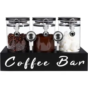 3 x 54 oz Glass Coffee Bean Storage Container with Shelf 3 count Glass Containers with Airtight Locking Clamp Lid Spoons Coffee Canister Set Jars for Kitchen  Storage  Sugar Black