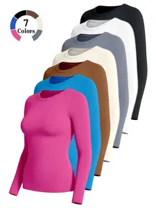 Women's slim, high-elastic, sexy round-neck yoga top, versatile for fitness, running and casual wear. Quick-drying long sleeves, suitable for indoor and outdoor use, all-season style for spring, autumn and winter. Athletic Yoga Shirts