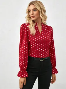 A women's stand-up collar small V-port design neckline wooden ear decoration red polka dot stand-up collar trumpet sleeve Long Sleeve Casual Fashion Shirt,suitable for retro commuter style, dating style and other styles