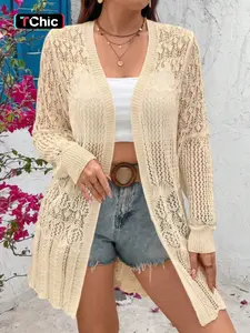 Women's Knitted Open Front Pure Color Long Sleeve Hollow Out Symmetrical Hem Casual Vacation Spring Summer Top