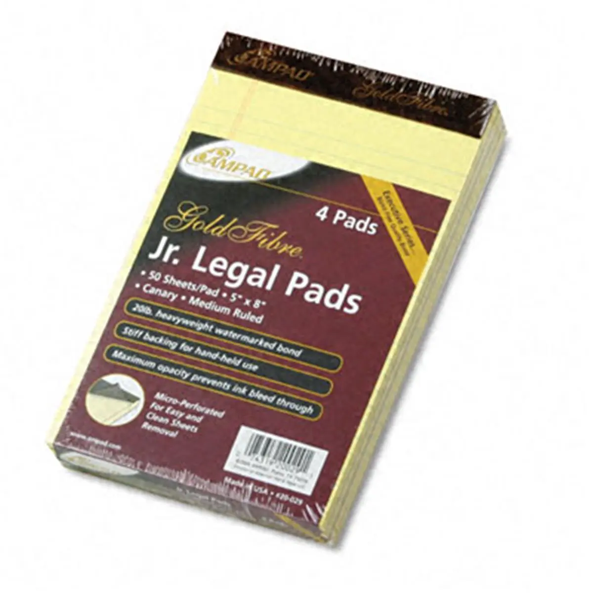 212 MAIN Ampad Gold Fibre Jr. Legal Writing Pads, 5x8 inches, 20-lb Paper, Canary Color, Watermarked Rule, Microperforated, Easy & Clean Removal, Heavy-Duty Stapled Binding, Chipboard Backing, 4-Pack, 50 Sheets/Pad, Stationery Office Supplies, Student Sta
