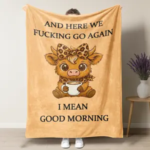 Funny Highland Cow Cozy Blanket - "And Here We F*cking Go Again" Sarcastic Coffee Lover Gift - Highland Cow with Bow Fleece Throw - Relatable Morning Mood Blanket for Cow Lovers Women & Friends