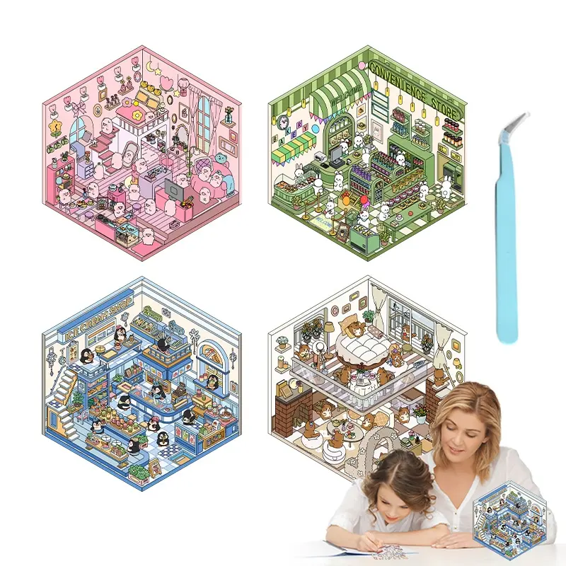 3D DIY Miniature Sticker Kit: 4 Enchanting Scenes (Pink Cottage, Penguin Ice Cream & More) + Free Tweezers | ASMR Crafting, Phone Case Decor, Creative Adult Home Gift
