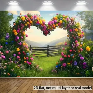 1PC,2D Flat Romantic Heart - Shaped Flower Arch Pastoral Scenery Backdrop, Photography Live - streaming Decoration Backdrop, Outdoor Wedding Party Backdrop, Home Decoration Backdrop, Grass Fence Na