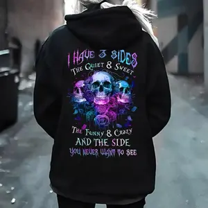 I Have 3 Sides Quiet Sweet Funny Crazy You Never Want to See Skull Hoodie – Colorful Skull Attitude Graphic Hoodie for Women – Bad Girl Aesthetic Rose Skull Sweatshirt