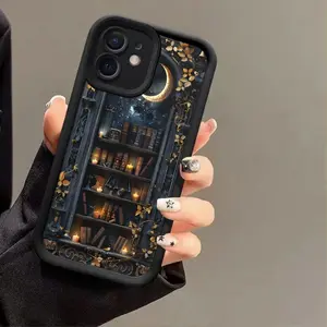 Creative and fashionable moon bookshelf pattern Case for iPhone 17 16 15 14 Pro Max 13 12 11 XR XS Plus Air Shockproof Drop Protection Rugged Durable Silicone Cover