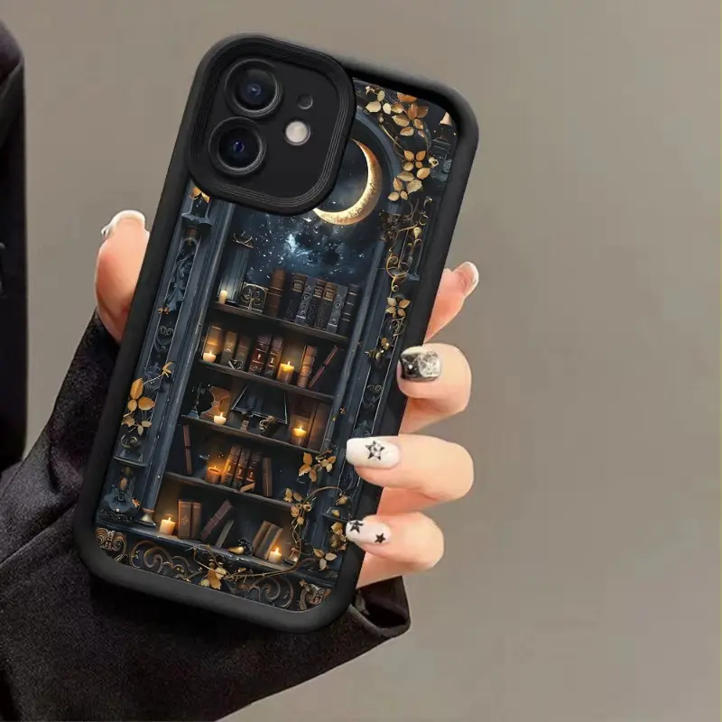 Creative and Fashionable Moon bookshelf Pattern Phone Case for iPhone 17 16 15 14 Pro Max 13 12 11 XR XS Plus Air Shockproof Drop Protection Rugged Durable Silicone Cover Protective Cellphone Casing