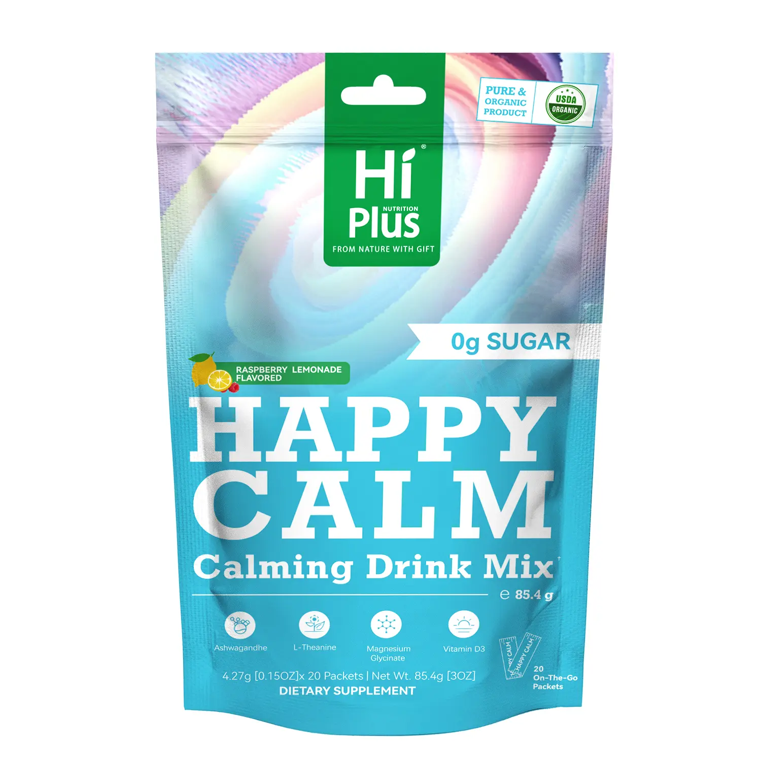 HiPlus Certified Organic Calming Drink Mix Powder - 20 Portable Packets, Indian Ginseng, Vitamin D3, Magnesium Complex, L-Theanine, Sugar-Free, Non-Drowsy Adult Support, 24-Month Shelf Life, Happy Calm, Raspberry, Body Health, Metabolism Boost