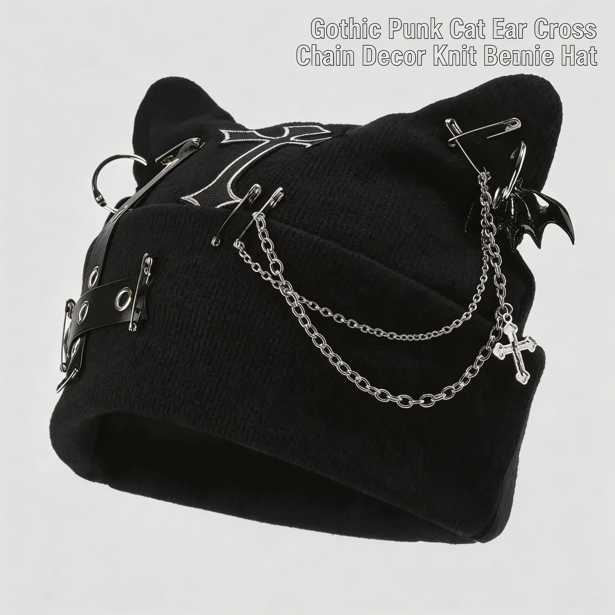 Women Gothic Cat Ear Beanie, Punk Chain Bat Charm Y2K Grunge Winter Hat, Adjustable Black Streetwear Headwear, Soft Machine Washable Fashion Accessory for Daily Outing, Casual Street Style & Summer Vibes Trendy Matching