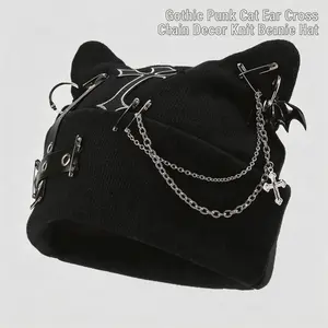 Women Gothic Cat Ear Beanie, Punk Chain Bat Charm Y2K Grunge Winter Hat, Adjustable Black Streetwear Headwear, Soft Machine Washable Fashion Accessory for Daily Outing, Casual Street Style & Summer Vibes Trendy Matching